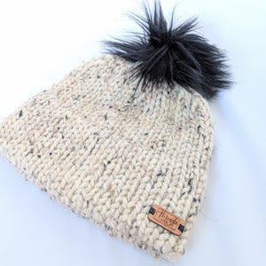 Oat double brim knit hat with faux fur pompom