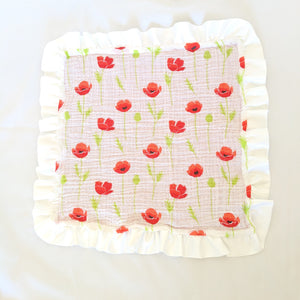Red and White Poppy lovey blanket - muslin and minky fabrics