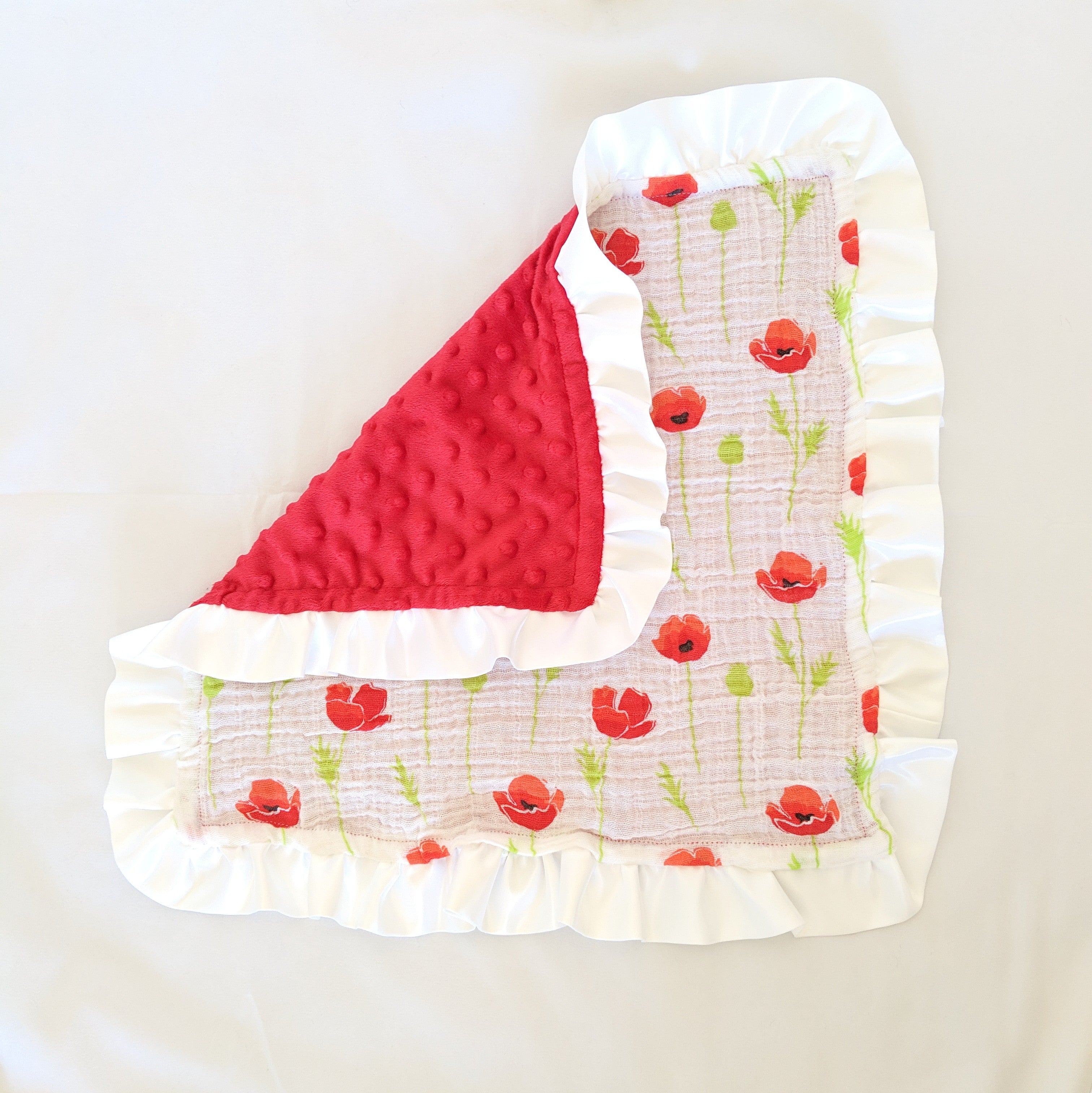 Red and White Poppy lovey blanket - muslin and minky fabrics
