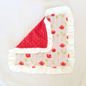 Red and White Poppy lovey blanket - muslin and minky fabrics