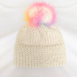Youth double brim knit hat with Unicorn Faux Fur pompom
