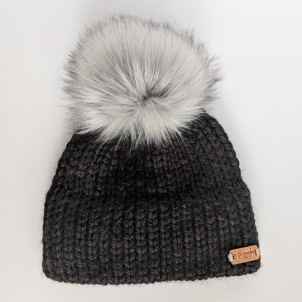 Youth Black double brim knit hat with silver fox faux fur pompom