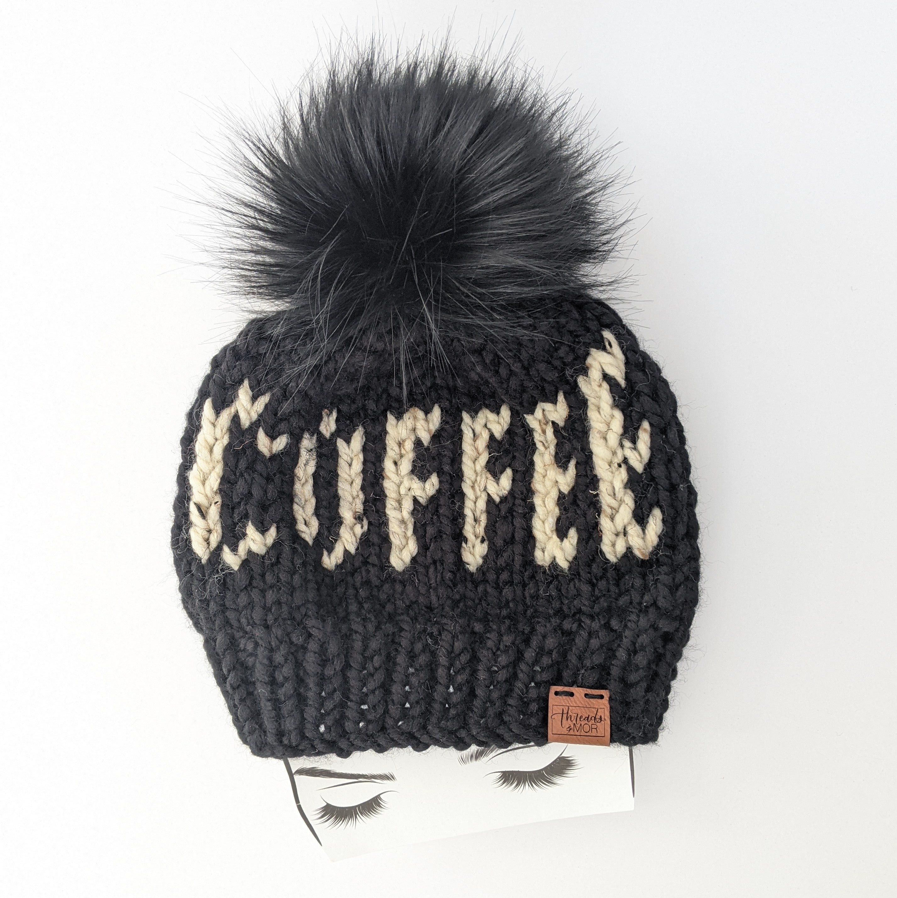 Coffee Knit Beanie Hat with faux fur pom pom