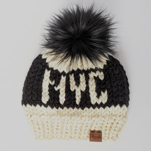 NYC Knit Beanie Hat with Faux Fur Pom Pom