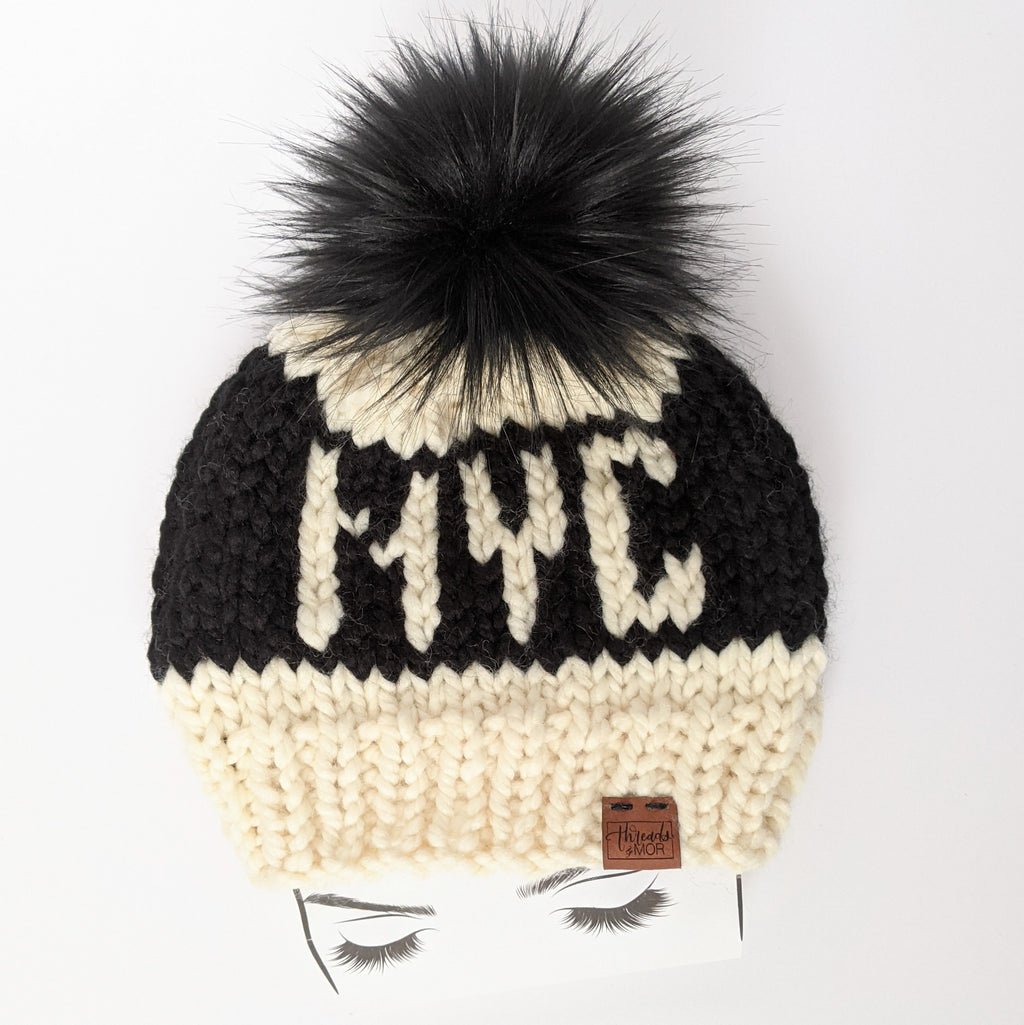 NYC Knit Beanie Hat with Faux Fur Pom Pom