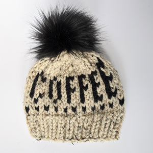 Coffee Knit Beanie Hat with Fur Pom