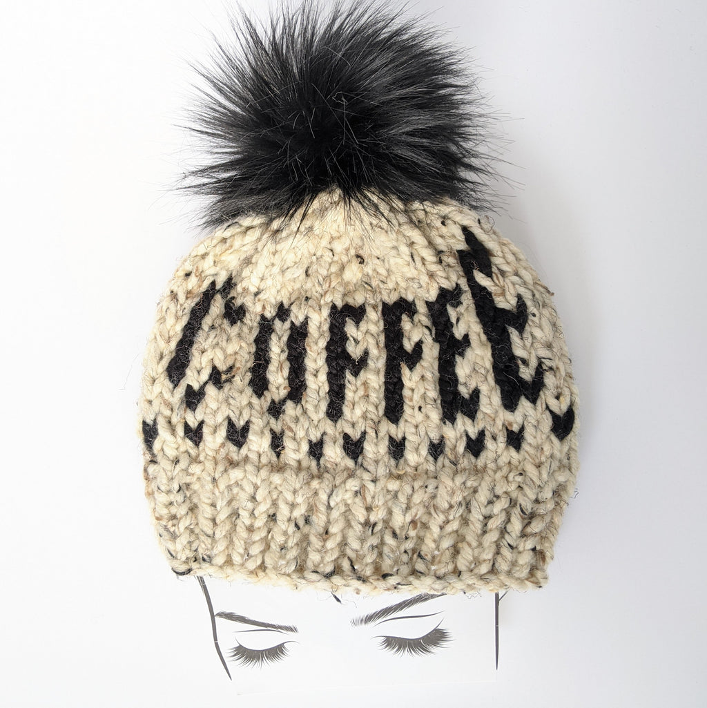Coffee Knit Beanie Hat with Fur Pom