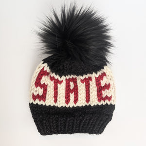 OHIO STATE Script Knit Hat w/ faux fur pom pom