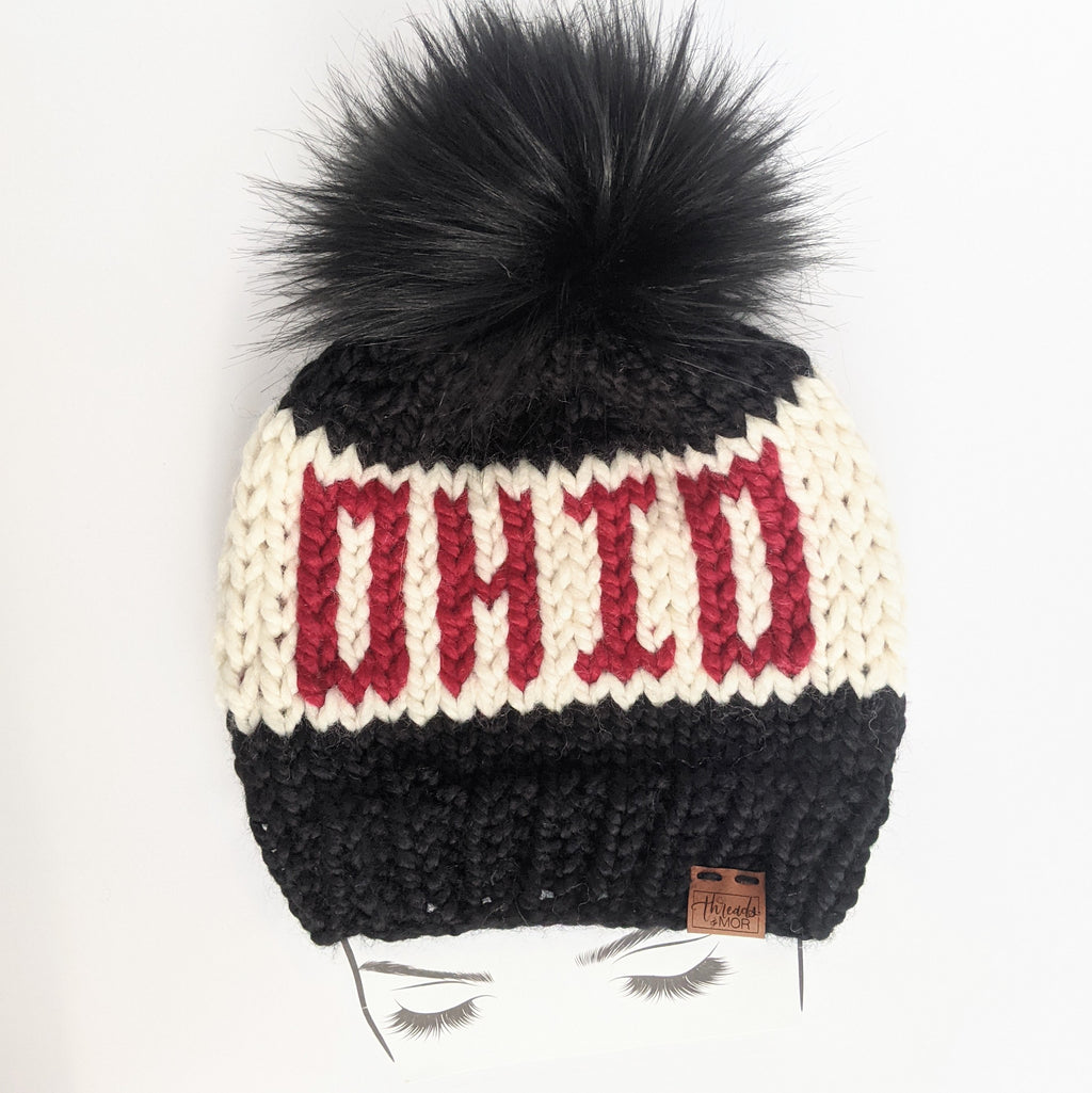 OHIO STATE Script Knit Hat w/ faux fur pom pom