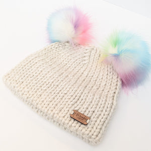 Youth double brim knit hat with two Unicorn Faux Fur pompom
