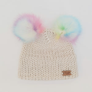 Youth double brim knit hat with two Unicorn Faux Fur pompom