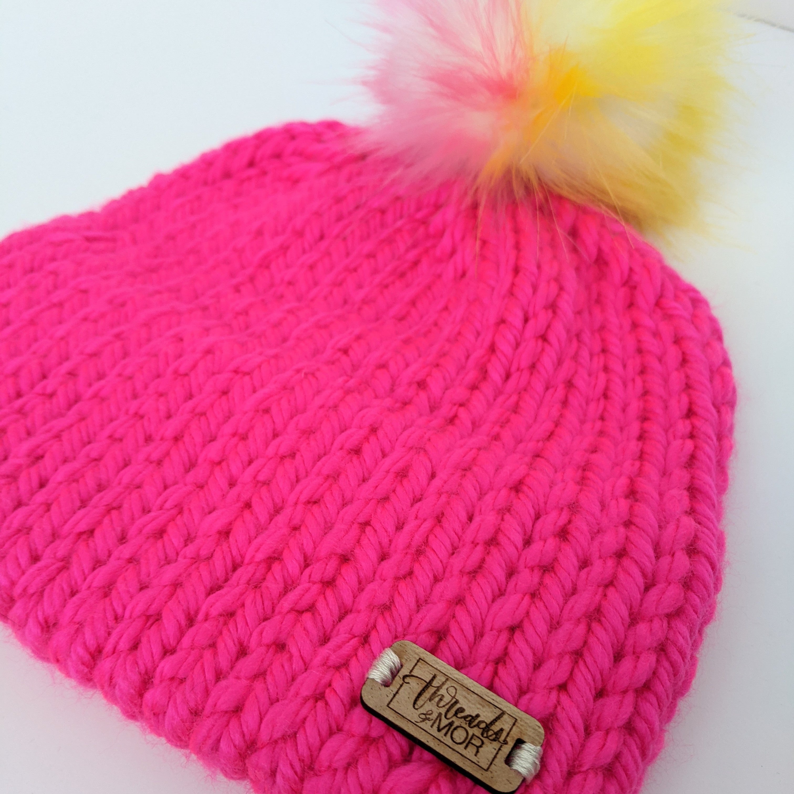 Youth Neon Pink double brim knit hat with Unicorn Faux Fur pompom