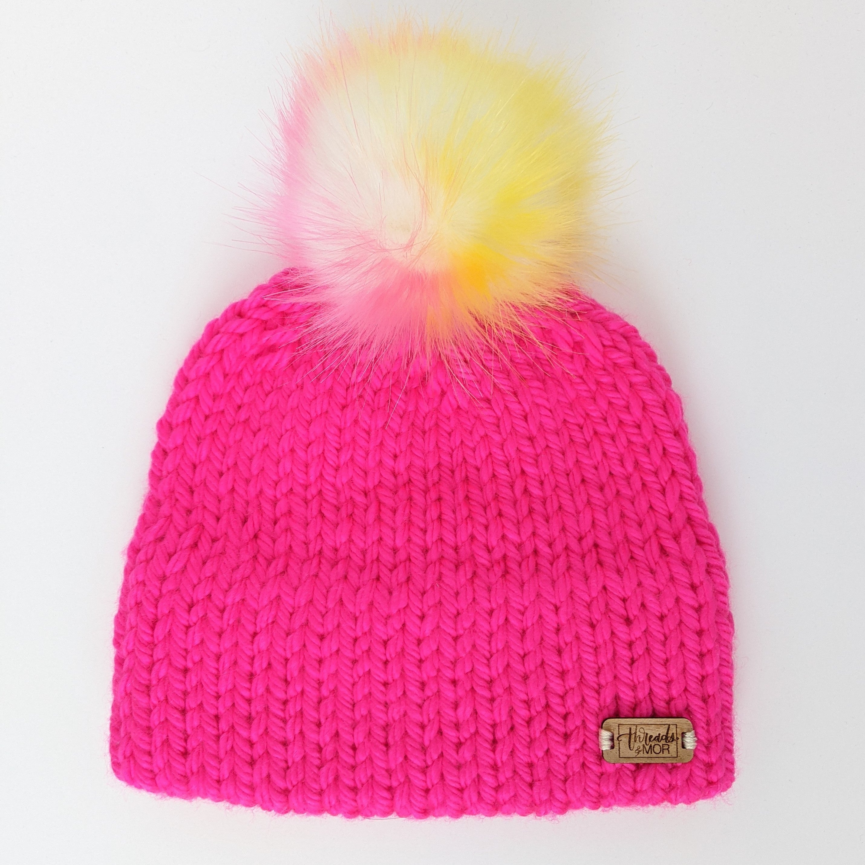 Youth Neon Pink double brim knit hat with Unicorn Faux Fur pompom