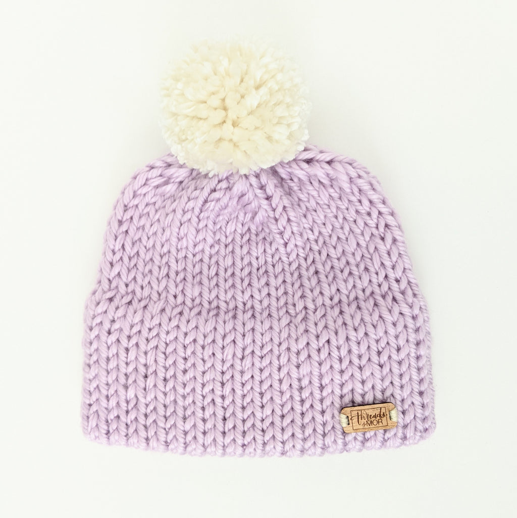 Youth purple double brim knit hat with cream pompom