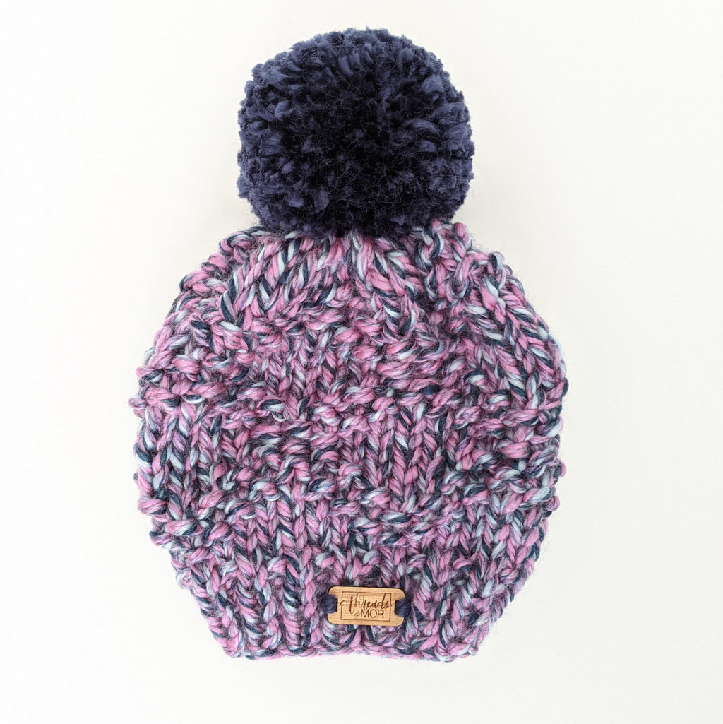 Toddler Etta Navy and Pink Knit Beanie Hat with pom pom