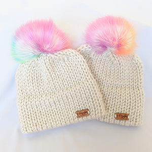 Youth double brim knit hat with Unicorn Faux Fur pompom